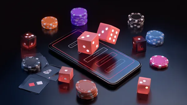 Uma mulher sorrindo enquanto joga online em seu laptop, cercada por elementos de cassino em néon, destacando a coleção diversificada de jogos do 615BET.