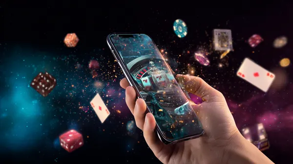 Uma mulher sorrindo perto de máquinas caça-níqueis brilhantes com símbolos de sorte, mostrando as emocionantes opções de slots do 615BET.